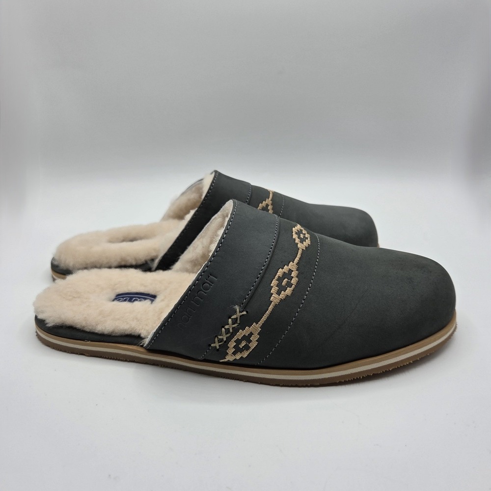 Hari Mari Hacienda LX Slate Gray‎ Nubuck Shearling Lined Slippers Mules Womens